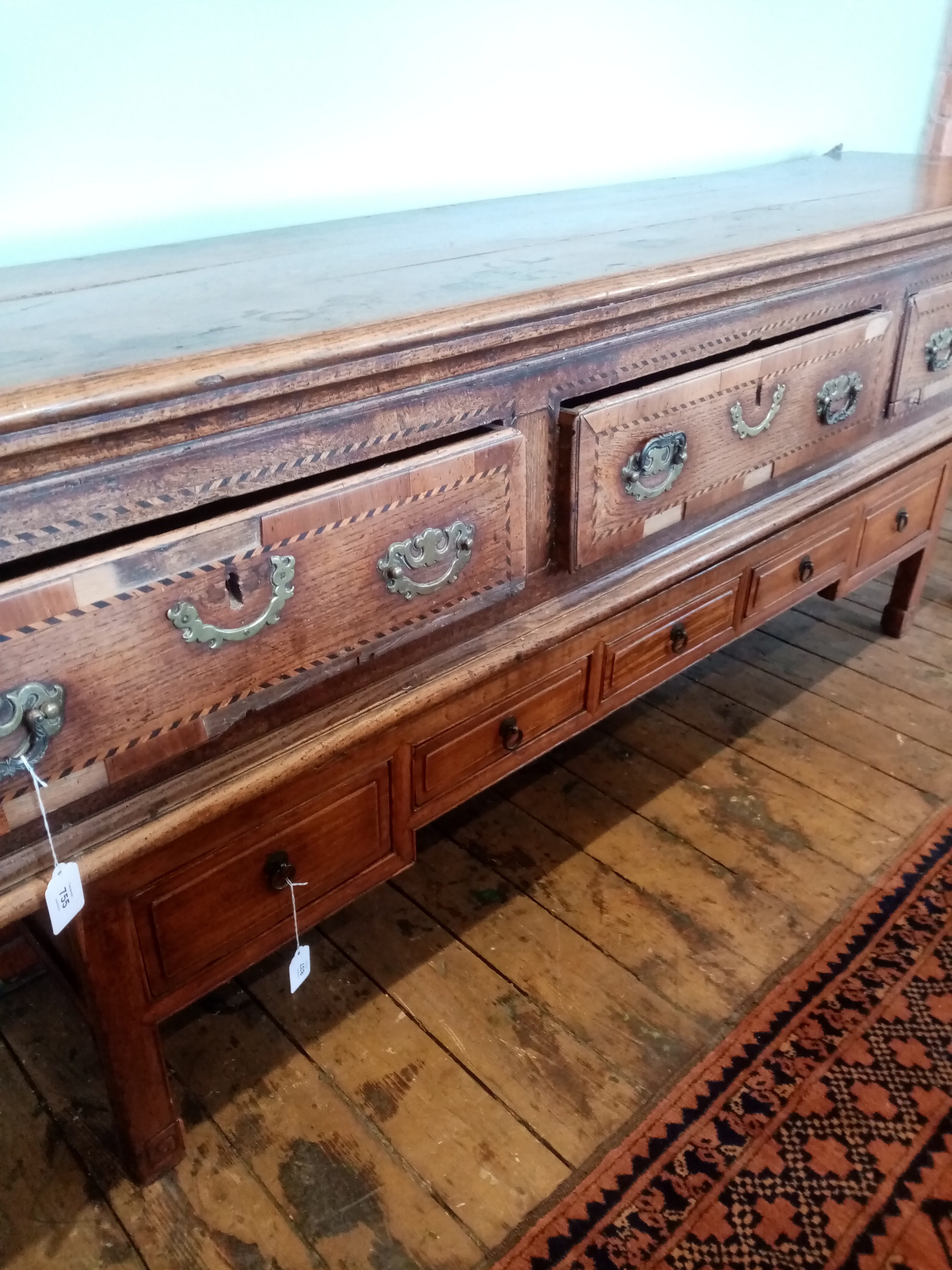 A George III oak dresser base, the rectangular moulded three plank top above three lip moulded - Image 13 of 15