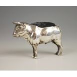 An Edwardian novelty silver bull pin cushion, Adie and Lovekin Ltd, Birmingham 1909, modelled