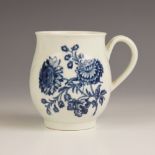 A Worcester porcelain bell shaped mug, circa 1760-1770, transfer printed in underglaze blue with the