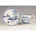 A Worcester porcelain coffee cup and saucer, circa 1755-1780, painted in underglaze blue with the