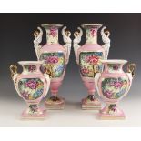 A pair of Paris porcelain style vases, 20th century, of urn form with twin handles modelled as