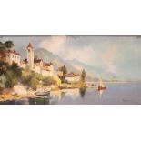 Continental school (20th century), A Mediterranean coastal village with mountains beyond, Oil on