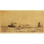 William Lionel Wyllie R.A. R.I. (British, 1851-1931), A convoy at sea with seaplane, Etching on