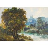 English school (20th century), A river landscape with hilltop castle beyond, Oil on canvas,