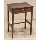 An 18th century and later constructed oak side table of cottage proportions, the moulded plank top