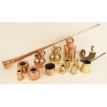 A brass mounted rams horn candlestick, 19cm high, a copper and brass banded coaching horn, 115cm