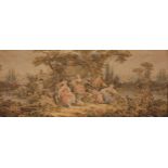 A French 20th century wall tapestry, depicting figures making merry in a rural tree lined