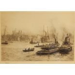 William Lionel Wyllie R.A. R.I. (British, 1851-1931), Tugs and barges on the Thames with the Tower