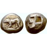Mysia, Kyzikos EL Stater. Circa 500-450 BC. Dog standing to left, fore-paw raised; tunny fish to