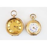 A gold coloured open face ladies pocket watch, the circular champagne coloured dial with Roman