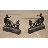 A pair of French bronze andirons, 19th century, each cast as a cherub emerging from an acanthus