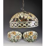 A Tiffany style pendant light fitting, late 20th century, of floral design in green and brown shades