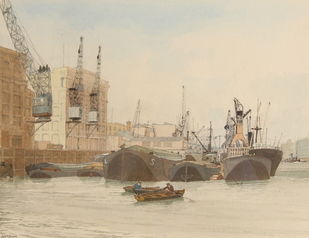 James Lovegrove (British, 1922-1997), "Shipping On The Thames", Watercolour on paper, Signed lower