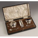 A George V silver cased condiment set, Walker and Hall, Birmingham 1924, comprising wet mustard,