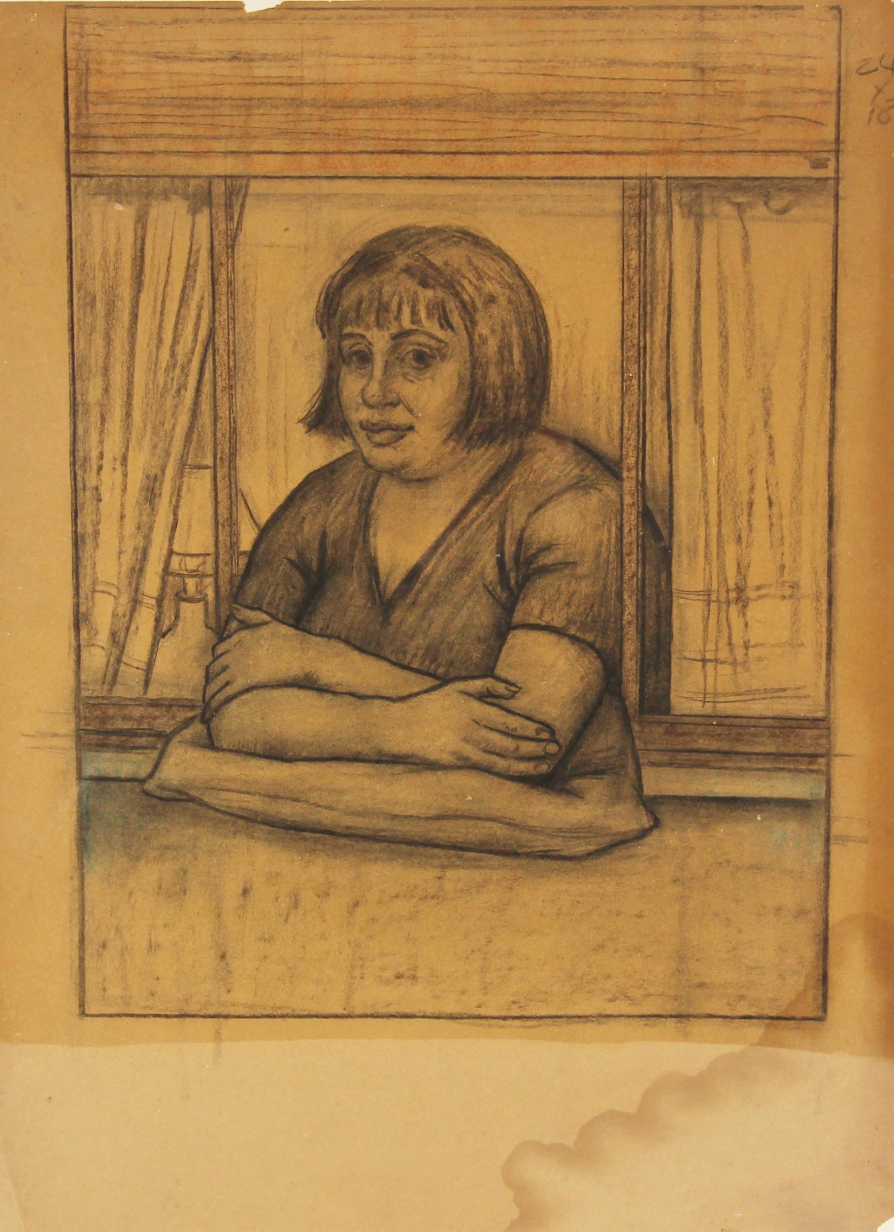 Clifford Hall, R.O.I. N.S. (British, 1904-1973), Study of a woman in a window, her arms resting on a