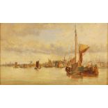 English school (mid 19th century), Barges on the Thames, possibly at Limehouse, Oil on board,