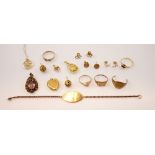 A selection of 9ct gold and gold coloured jewellery, to include an amethyst and gold coloured
