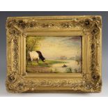 English school 19th century, A naïve study of cattle on a riverbank with mallard duck landing, Oil