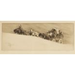 After Cecil Aldin (British, 1870-1935), A laden coach and six horses, Signed proof etching on paper,
