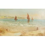 English school (early 20th century), Seagulls on a beach with fishing boats beyond, Oil on canvas,