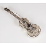 A Dutch silver miniature model of a guitar, of typical form, embossed with cherubs playing