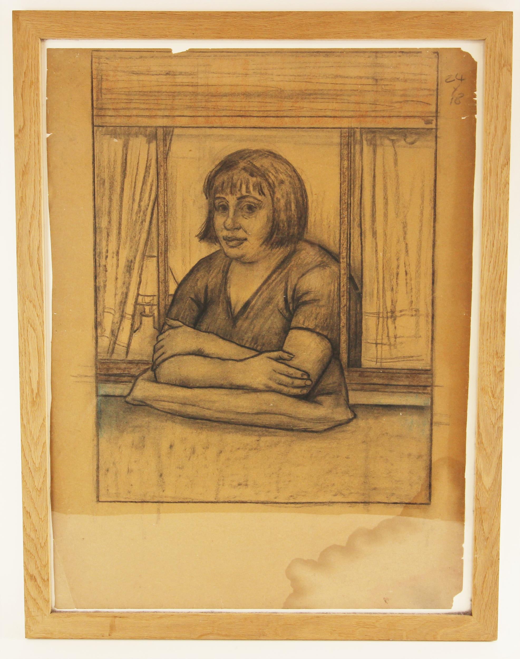 Clifford Hall, R.O.I. N.S. (British, 1904-1973), Study of a woman in a window, her arms resting on a - Image 2 of 3