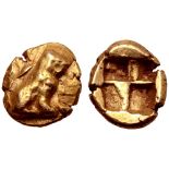 Ionia, uncertain mint EL Hekte. Circa 600-550 BC. Phokaic standard. Lion seated right /