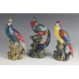 Three Hancock & sons Art Deco exotic bird figure spill holders, each bird perched upon a rocky