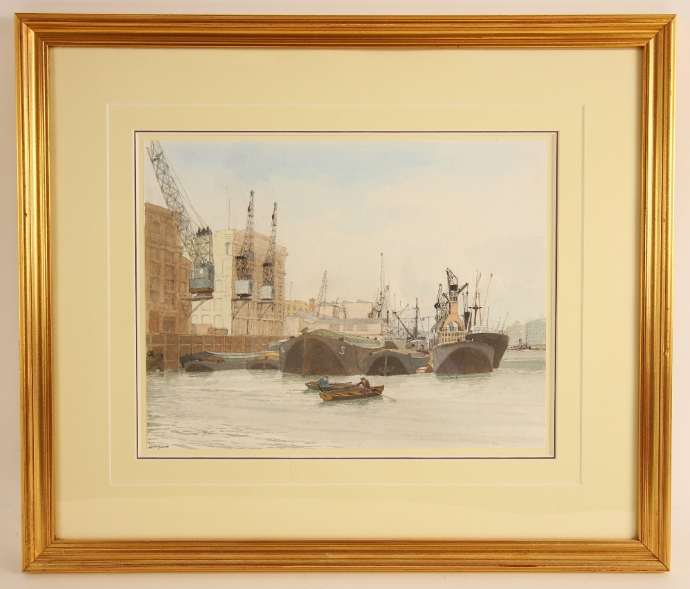 James Lovegrove (British, 1922-1997), "Shipping On The Thames", Watercolour on paper, Signed lower - Image 2 of 3