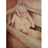 Margaret Charman (British, b.1941), "Old Woman in a Bath", Oil on canvas, Signed lower right, titled