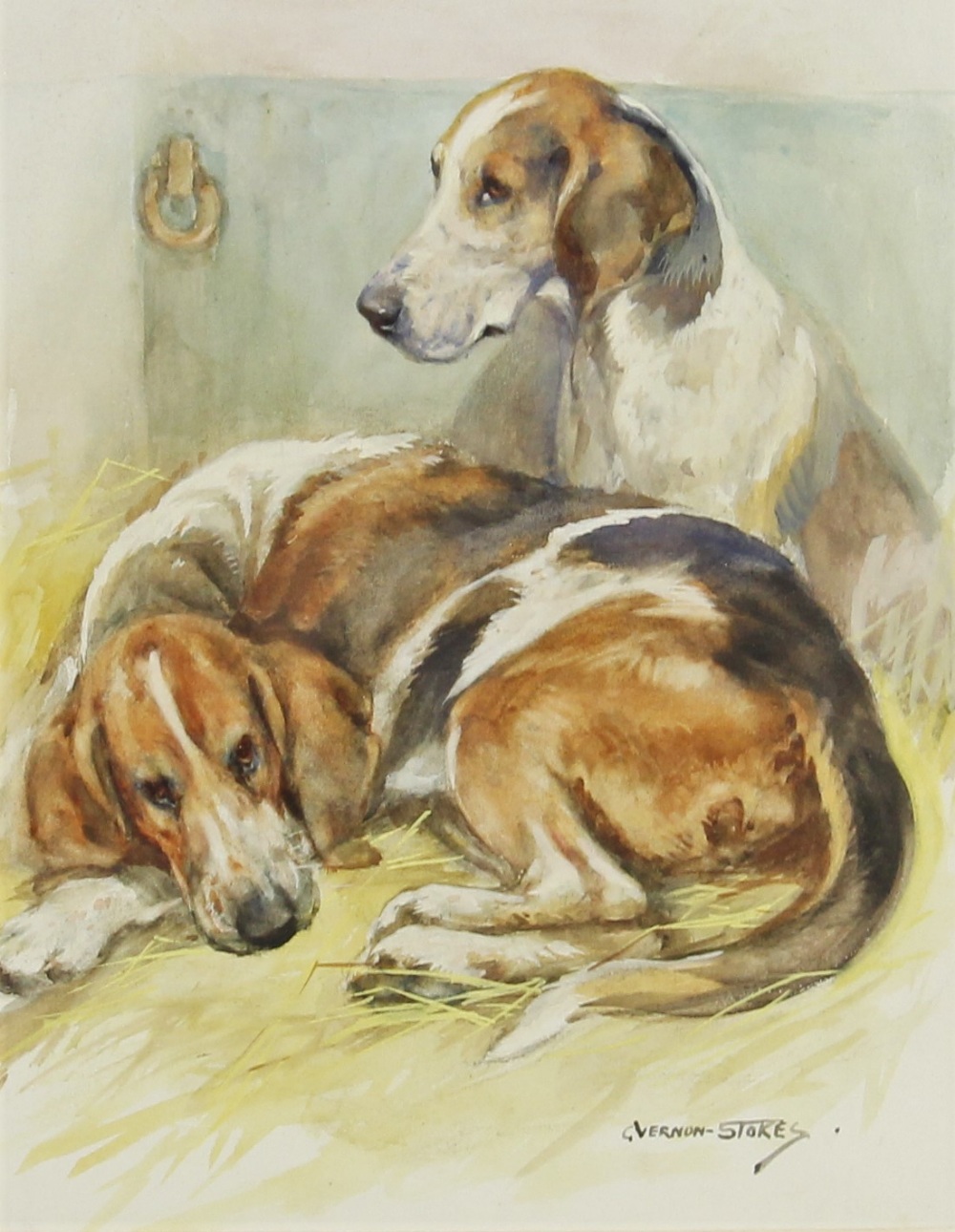 George Vernon Stokes (1873-1954), Kennelled hounds, Watercolour and gouache on paper, Signed lower
