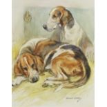 George Vernon Stokes (1873-1954), Kennelled hounds, Watercolour and gouache on paper, Signed lower