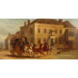 John Charles Maggs (British, 1819-1896), A carriage arriving at the Spread Eagle Hotel, Oil on