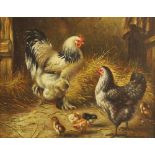 Laura Cassidy (American, 20th century), A cockerel, chicken and chicks in a barn, Oil on panel,