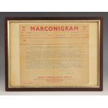 WORLD WAR II INTEREST: A Ship To Shore Marconigram from Buckingham Palace to the British Merchant