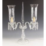 A twin branch glass table lamp, 20th century, modelled as a Victorian style candelabra, the