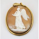 A late 19th century shell cameo, the oval cameo depicting winged woman facing sinister with anchor