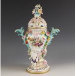 A Continental porcelain florally encrusted potpourri and cover, 19th century, of inverted gourd form