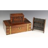 A mid 19th century brass bound rosewood writing box, opening to a skiver inset writing slope and a