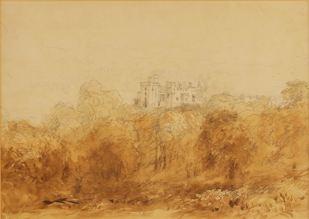 David Cox (British, 1783-1859), "Powys Castle", Pencil and sepia wash on paper, by repute with