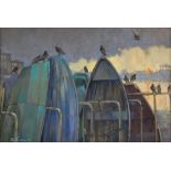 Peter Sumpter (British, 1933-2020), Rowing boats with pigeons at sunset, Oil on board, Signed and