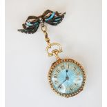 A late 19th century French ladies gold fob watch, the circular blue guilloche enamelled dial with
