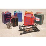 A collection of six re-painted fuel cans, to include; Shell, Esso and B.P, the largest 29cm high,