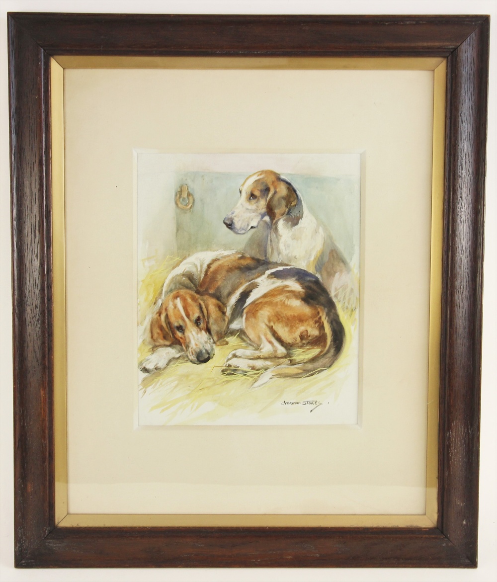 George Vernon Stokes (1873-1954), Kennelled hounds, Watercolour and gouache on paper, Signed lower - Image 2 of 3