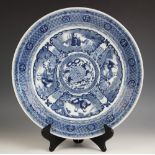 A Chinese porcelain blue and white charger, 19th century, the shallow circular charger decorated