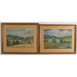 English school (20th century), Two bucolic landscapes with trees and hills, Watercolour and