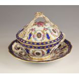 A Dresden porcelain muffin dish, cover and stand, early 20th century, the twin handled lobed body