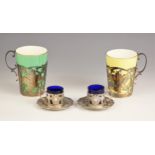 A pair of silver mounted Bishop England mugs, L Harrison, Sheffield 1930,