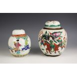 A Chinese porcelain famille verte craquelure ginger jar, the ovoid jar externally decorated with