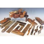 A collection of vintage woodworking tools, to include a set square with rosewood handle, beechwood